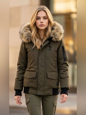 GOLDEN BY TNA Olive Green Fur-Trim Hooded Puffer Jacket